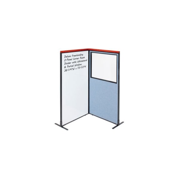 Global Equipment Interion Deluxe Freestanding 2-Panel Corner w/Whiteboard Partial Window 36-1/4Wx73-1/2H Blue 695180BL - main